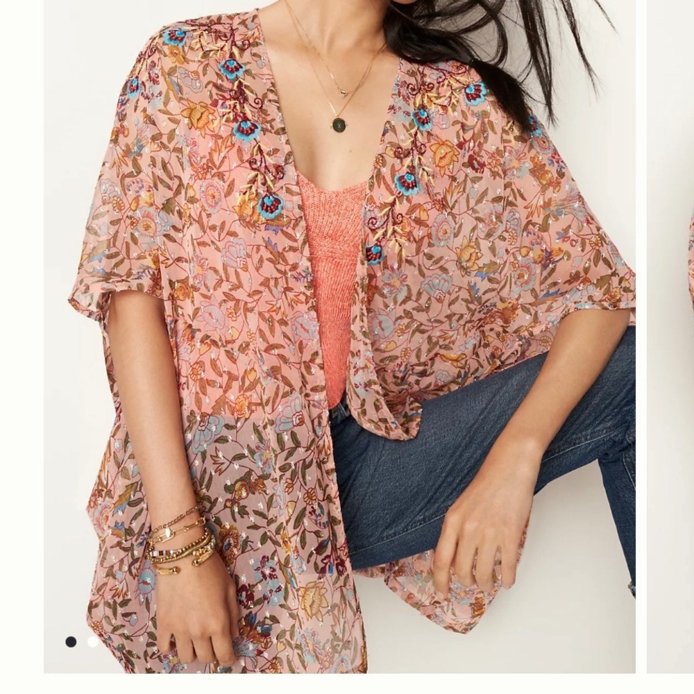 Anthropologie Andersen & Lauth Bella Shimmer‎ Pink Boho Sheer Floral Kimono